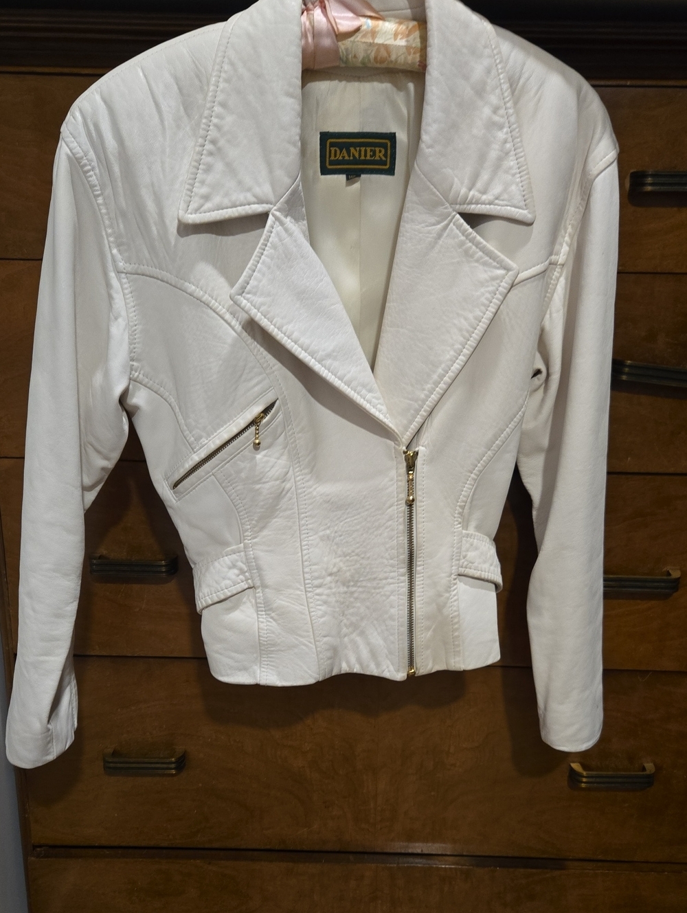Vintage Danier White Leather Moto Jacket with Gold Zippers